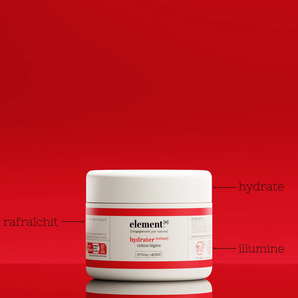 Crème légère pour le visage elements 40 ml – soin hydratant quotidien, présentée sur fond rouge.