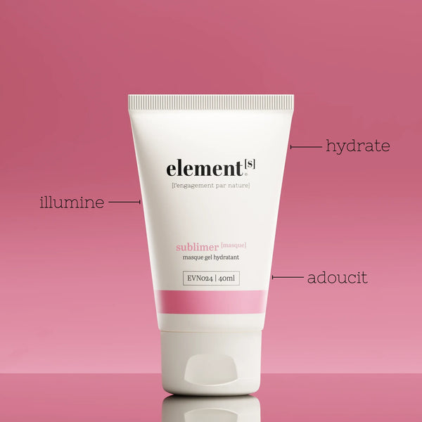 Masque gel hydratant sublimer elements 40 ml présenté sur fond rose – soin visage hydratant et adoucissant, hydratation cliniquement prouvée.